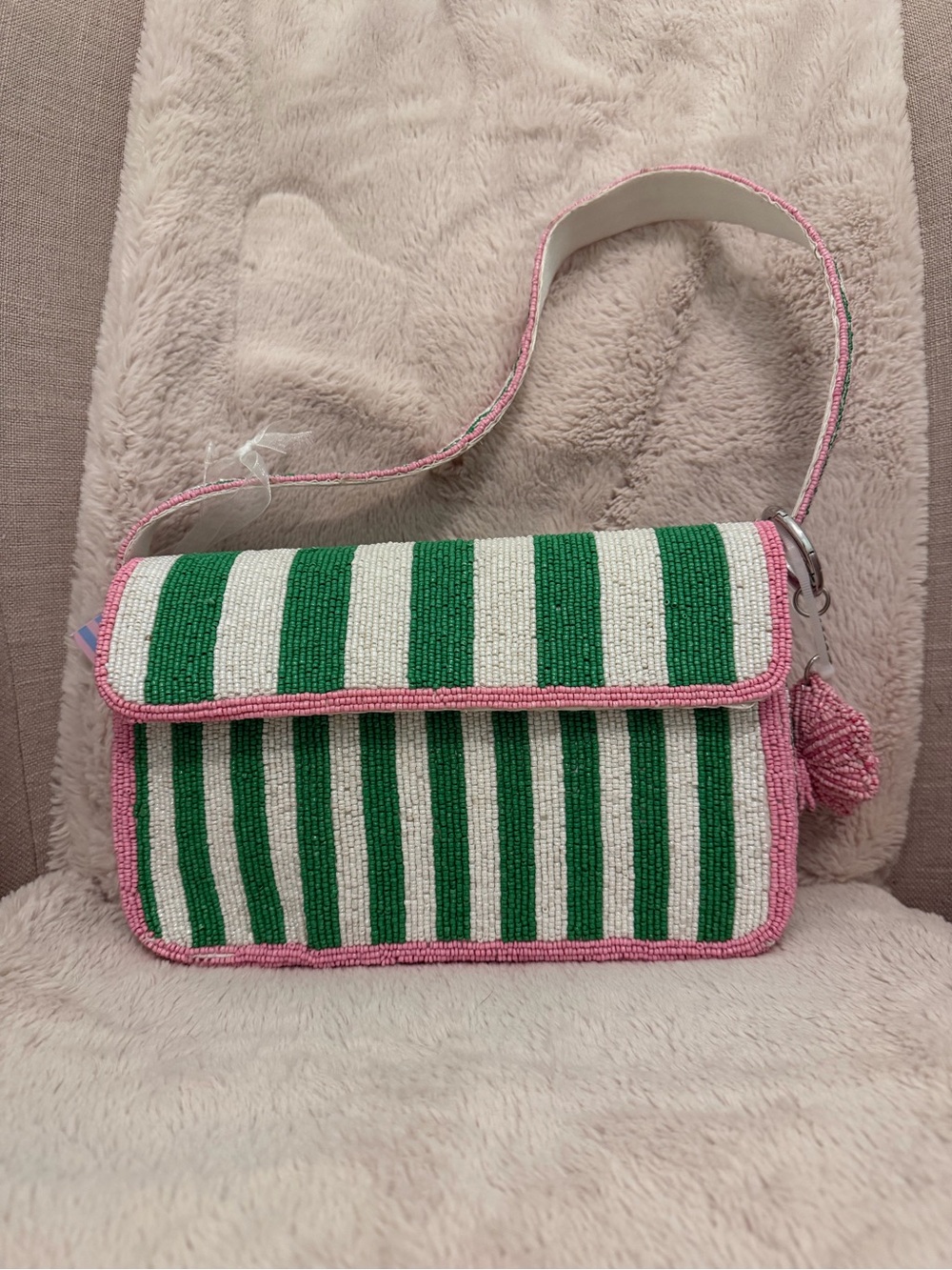 Viral TJ Maxx Beaded Bag Pink & Green Striped With Beaded Pink Charm